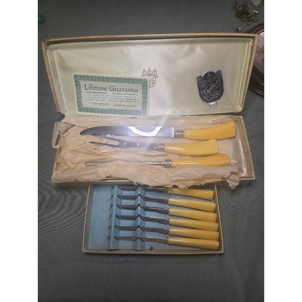 Vintage Sheffield England Carving Set and Steak Knives Washington Forge 9 Piece